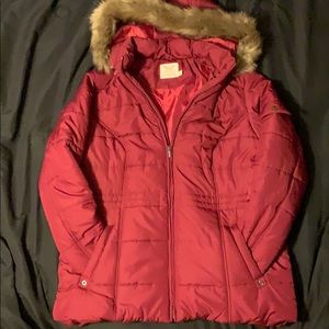 Burgundy foax fur hooded puffer coat